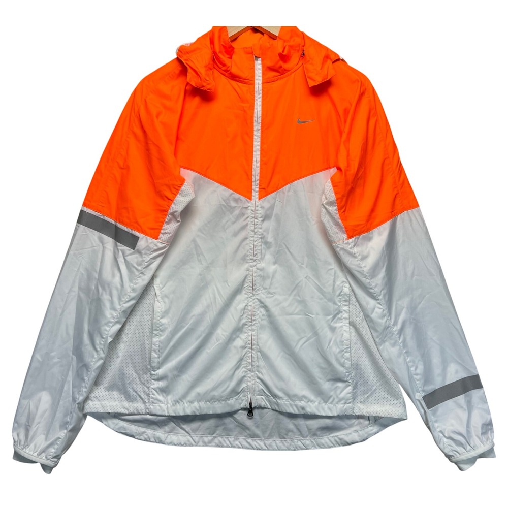 Nike Running Jacket Lightweight‎ Hooded Full Zip White Orange Reflective L RETRO
